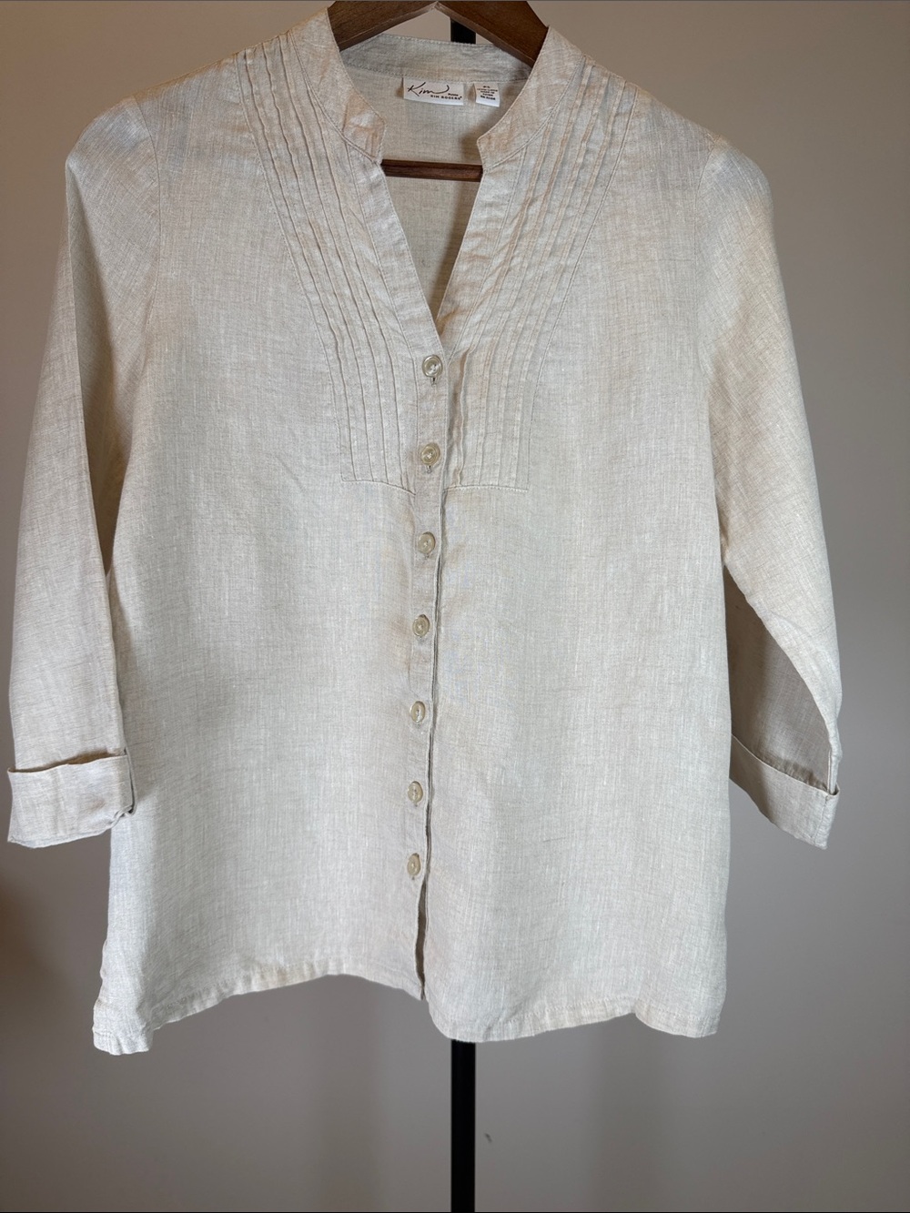 Kim Rogers Cream Pintuck Button-Front Linen Shirt | Size PS
